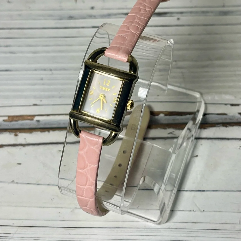 NEW BATTERY Y2K Timex Women’s Watch Pink Rose Leather Band Minimalist Gold‎ Tone